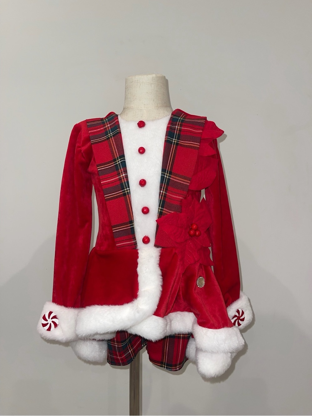 Girls' Red Holiday Plaid Trim Costume Jacket with Faux Fur